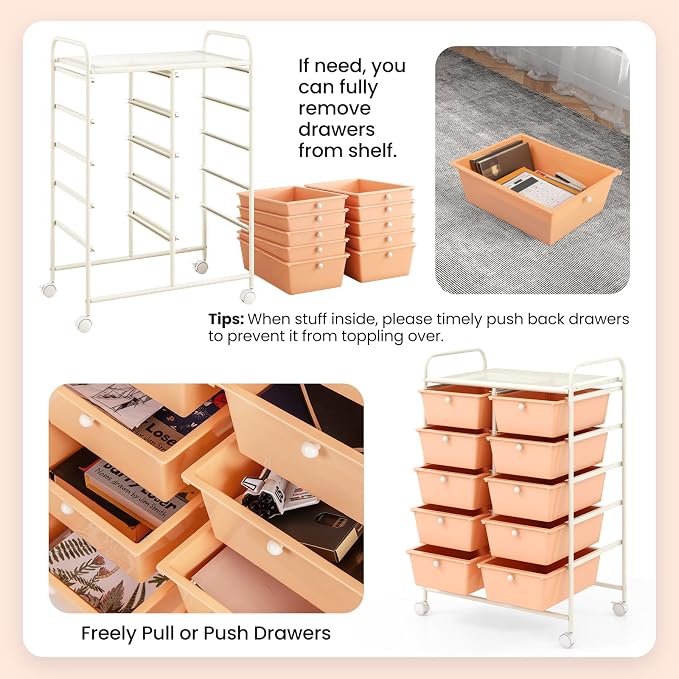 Giantex 10 Drawers Rolling Cart, Classroom Organizers, Storage Cart with Wheels, for Teacher Office Home School Supplies Tool Craft Art Paper, Peach Fuzz - Image 7
