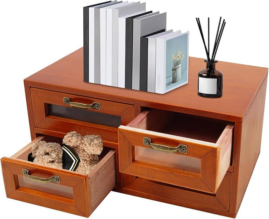 Vintage Drawers Storage Organizer with Clear Windows, Handles, Stackable Tiered Set of 4 Store and Display Wooden Desktop Organizing Cabinets - 16 Drawers Storage for Table Countertop Apothecary by Unknown