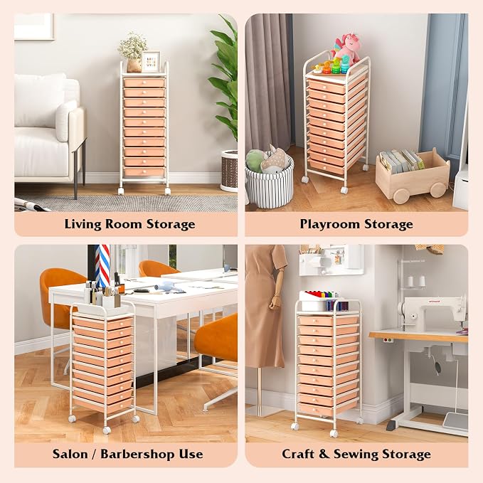 Storage Cart, Rolling Utility Cart with 10 Drawers, Portable Handles & Lockable Wheels, Mobile Paper Toys Storage Organizer Large Capacity for Home Office School Teacher (Peach) - Image 6