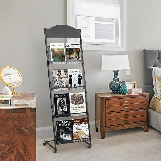 18.9''W Floor-Standing Magazine Display Rack, Rolling Journals, Brochure & Newspaper Stand, Literature Holder for Trade Shows, Exhibitions, & Offices, Black - Image 6