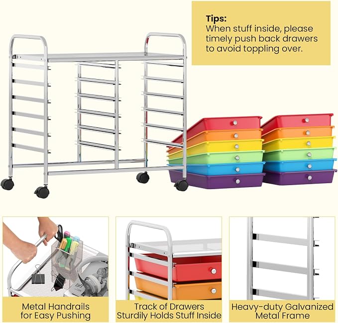 Giantex 12 Drawers Rolling Cart, Mobile Storage Drawer Cart, Classroom Organizer Cart for Office School Supplies Tools Scrapbook Paper Craft Small Printer, Utility Cart on Wheels, Multicolor - Image 6