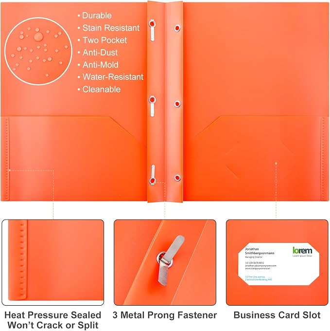 Cholemy 72 Packs Pocket Folders with Prongs Heavy Duty Plastic Folder with Business Card Slot 3 Prong Fasteners for School Office (Vivid) - Image 3