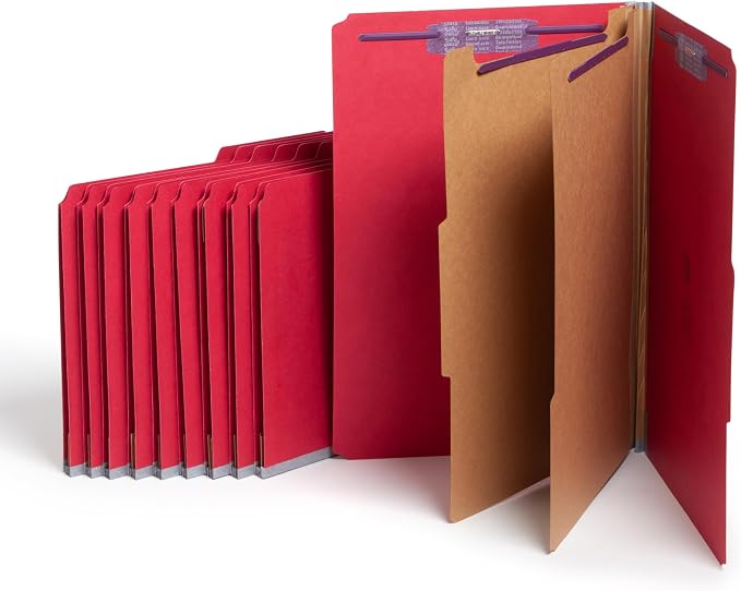 Smead Pressboard Legal Size File Folders with SafeSHIELD Fasteners, 2 Dividers, 2" Expansion, Office Folders, Paper Holder, Bright Red, 10 per Box (19031) by SMEAD