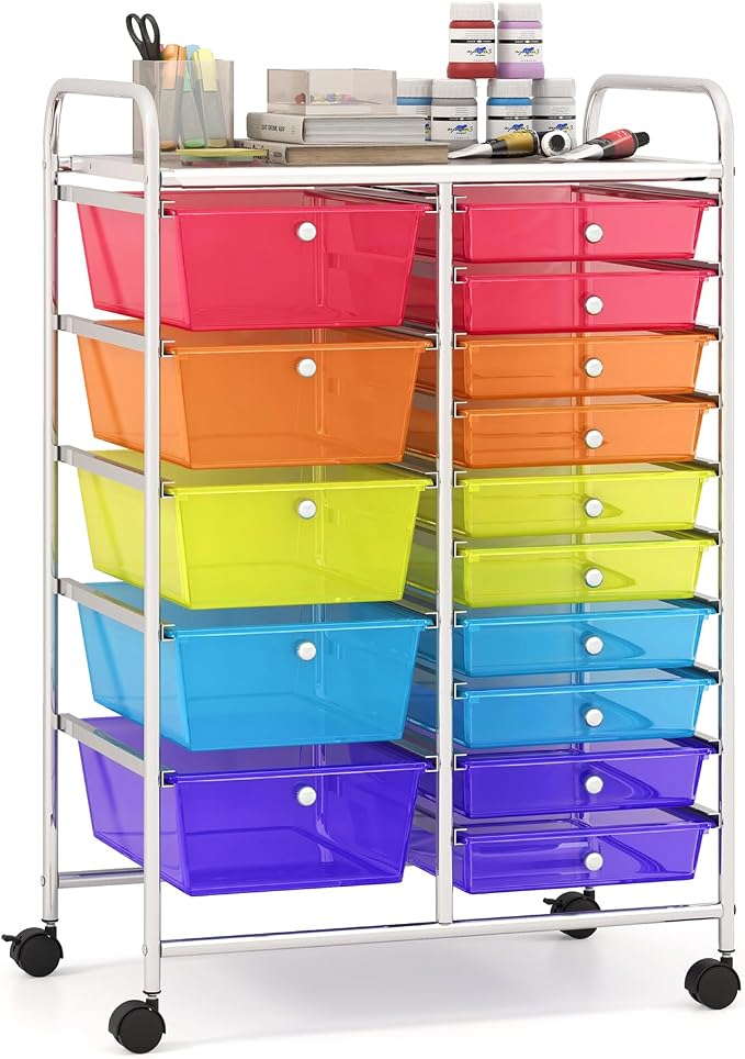 Giantex 15 Drawer Rolling Cart with Drawers, Storage Organizer Cart for Classroom Office School Teacher, Mobile Drawer Cart for Tools, Crafts, Small Printer, Paper (Clear Red+Orange+Green+Blue+Purple) by Giantex