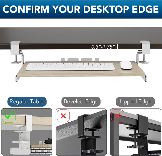 Keyboard Tray Under Desk Pull Out with Extra Sturdy C Clamp Mount System, 27.3 (32.5 inch Including Clamps) x 11 Inch Slide-Out Platform Computer Drawer for Typing Grain - Image 7