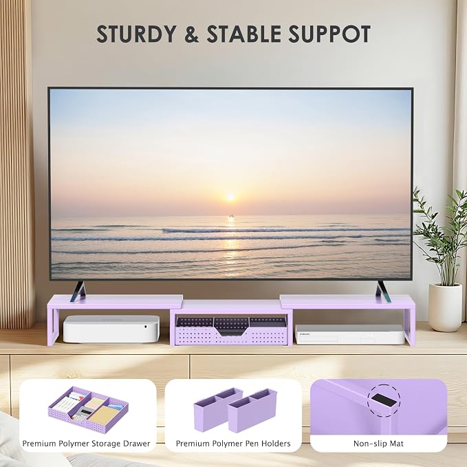 Desk Organizers and Accessories, Dual Monitor Stand Riser with Drawer and 2 Pen Holders, Desk Shelf Computer Racks for Office Workspace Organizers, Desktop Organization (Purple) - Image 8
