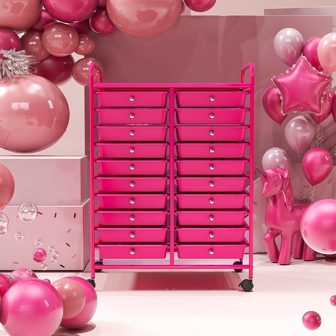 GOFLAME 20-Drawer Rolling Storage Cart, Multifunctional Art Craft Organizer Cart, Mobile Utility Storage Cart with Removable Drawers & Lockable Wheels, Craft Cart for Home Office, Hot Pink - Image 2