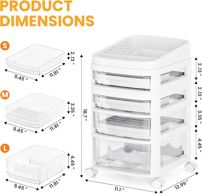 Rolling Cart with 4 Drawers, Clear Plastic Drawer Organizers, Vanity Cart | Dust Proof Under Desk Storage with Dividers for Makeup, Skincare, Art Crafts and Baby Items, Acrylic Cosmetic Organizer - Image 3
