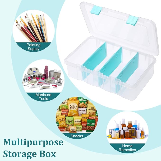 BTSKY Clear Plastic Dividing Storage Box with 4 Compartments Adjustable Storage Bin with Lid Plastic Craft Storage Container Multipurpose Sewing Box Art Supply Organizer, 13.3x8.1x3.4 Inches | 13.3x8.1x3.4 Inches Adjustable Storage Bin with Lid Plastic... - Image 7