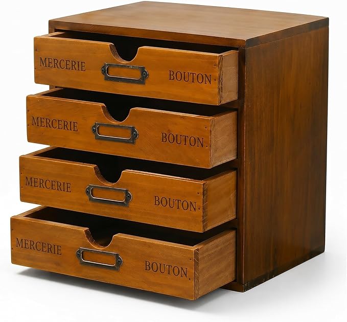 Modular Stackable Apothecary Cabinet 4 Drawer Desk Organizer - Retro Library Card Catalog Wood Storage Box - Organize Stationery, Thread Embroidery, Sewing, Crafts, Junk Drawer & Supplies Countertop by PrimoSupply