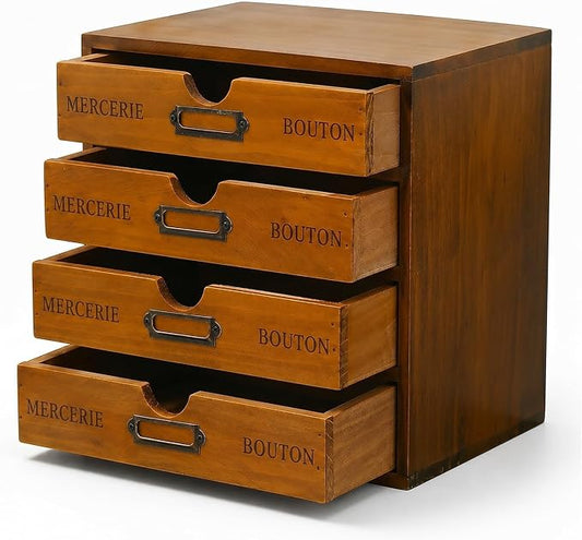 Modular Stackable Apothecary Cabinet 4 Drawer Desk Organizer - Retro Library Card Catalog Wood Storage Box - Organize Stationery, Thread Embroidery, Sewing, Crafts, Junk Drawer & Supplies Countertop by PrimoSupply