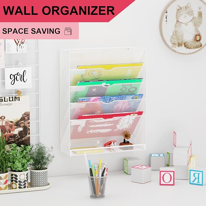 Hanging Wall File Organizer 6 Tier Wall Mounted File Holder Document Wall Organizer Magazine Organization for Office Home, White - Image 2