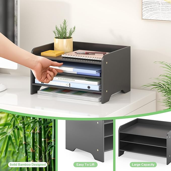 Bamboo File Organizer for Desk, Desktop Paper Tray and Mail Holder | Three open tiers keep A4/letter paper, folders, bills and mail sorted, visible and easy to reach while saving desk space - Image 4