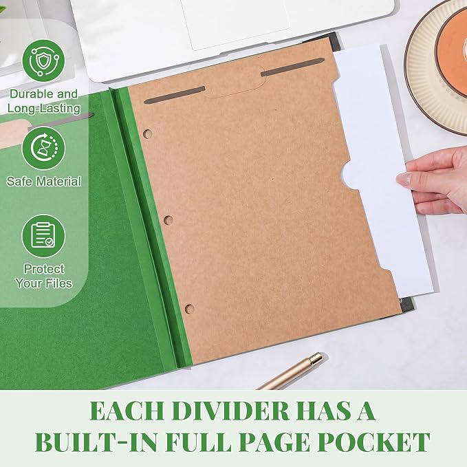 Henoyso 10 Pcs Hanging Classification Folders,1 Pocket Divider,Green | Letter Size, Hanging File Folders with 1 Pockets, 2" Expansion, 4 Prong Fasteners, 1/3 Tab Cut, 4 Sections, Pressboard Manila - Image 4