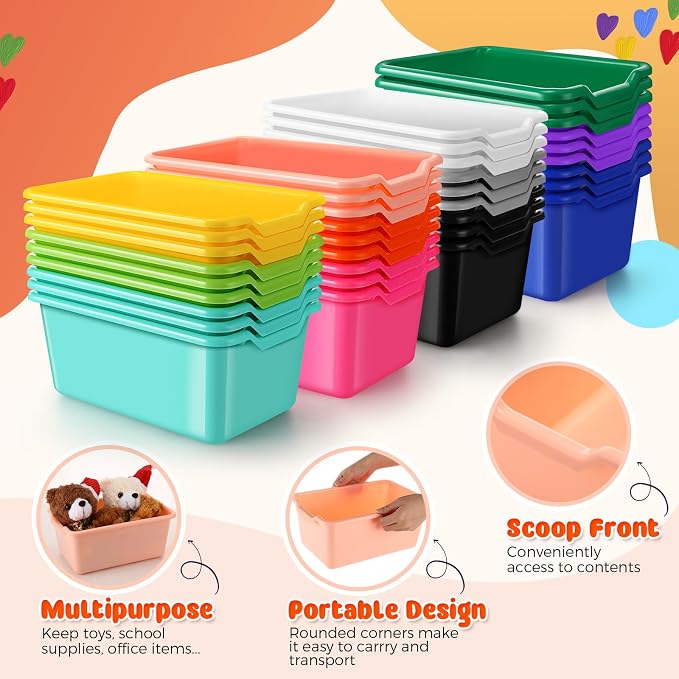36 Pcs Plastic Book Bins for Classroom Library Colorful Scoop Front Cubby Bins Stackable Toy Storage Containers with Handles for School Home Office Nursery Daycare (Bright Color) - Image 3