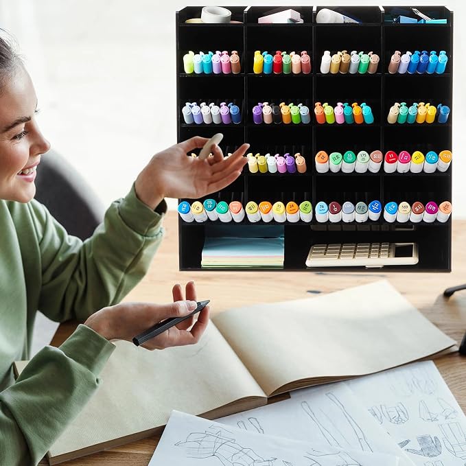 MotiMind Acrylic Pen Organizer Storage for 250 Markers Vertical Marker Organizer Acrylic Pen Display Holder for Office Desk Desktop Stationery Pencil Storage, Black, 13 x 4 x 12.4 Inch - Image 6