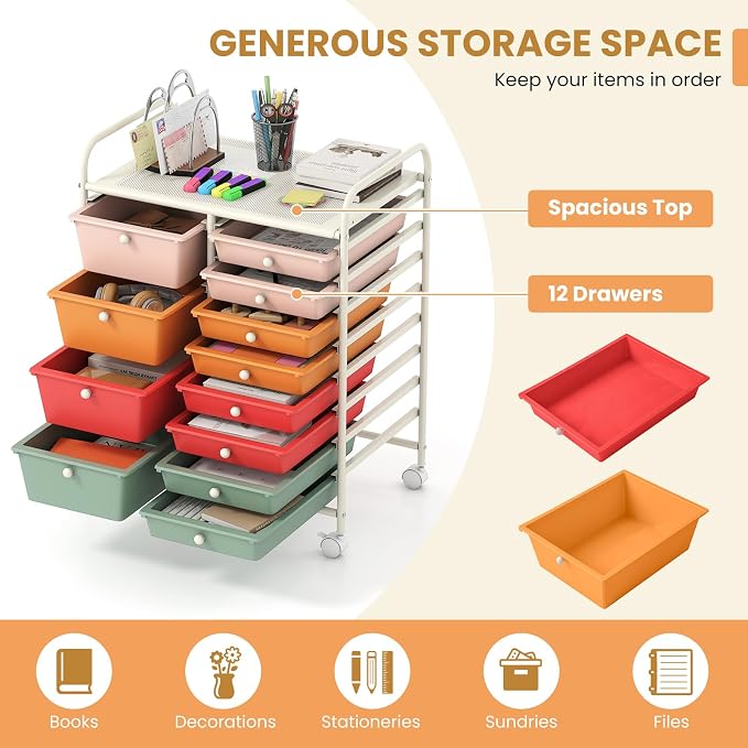 COSTWAY 12 Drawer Rolling Storage Cart, Utility Cart with Metal Frame | Mobile Art Supply Craft Organizer, Multipurpose Storage Organizer for Paper, Office, School Teacher, Classroom, Macaron - Image 7