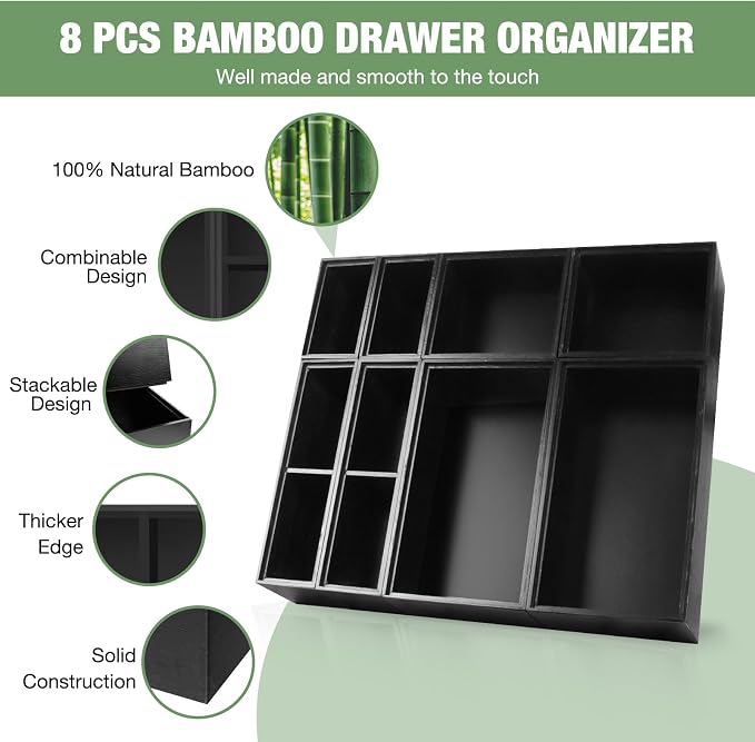 Bamboo Drawer Organizer Set, 8 PCS Black Multi-Use Drawer Storage Boxes, Junk Drawer Organizer Divider Bins for Bathroom, Kitchen, Office Desk, Makeup, Jewelry, Utensils - Image 3