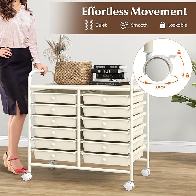 GOFLAME 12-Drawer Rolling Storage Cart, Multifunctional Art Craft Organizer Cart, Mobile Utility Storage Cart with Removable Drawers & Lockable Wheels, Craft Cart for Home Office School, White - Image 7