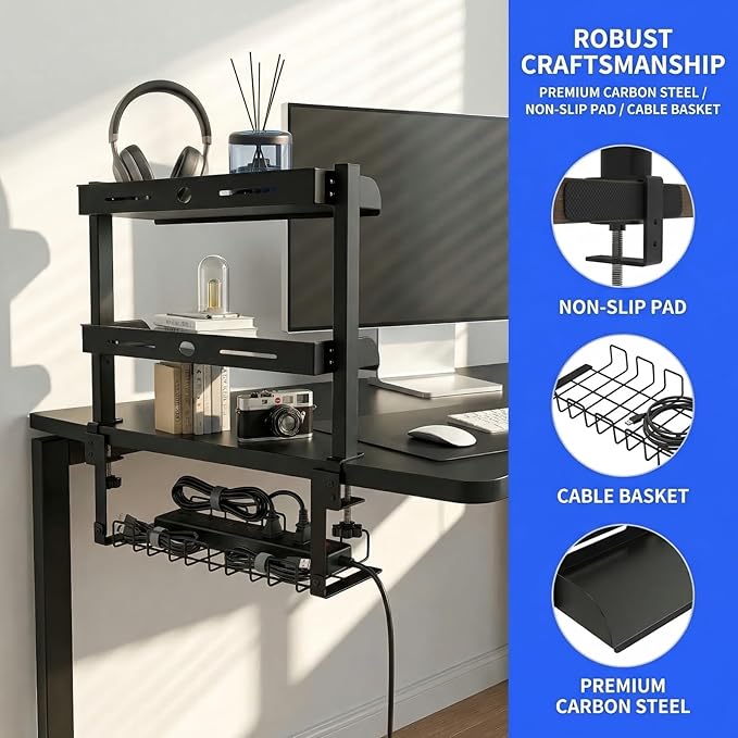 Clamp On Desk Shelf, 17'' 2-Tier Desktop Organizer Shelf with Under-Desk Hidden Storage Basket, Heavy-Duty Desk Shelves for Top of Desk, Space-Saving Desk Storage for Home Office Gaming Setup (Black) - Image 4