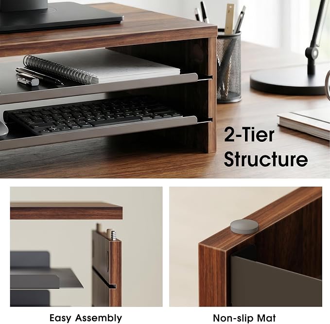 Fenge 14.3-Inch Monitor Stand with Slide-Out Trays, Wood & Metal Desk Shelf | 3-Tier Space-Saving Desk Storage Organizer, Fits Computer, Laptop, Printer and Telephone - Image 3