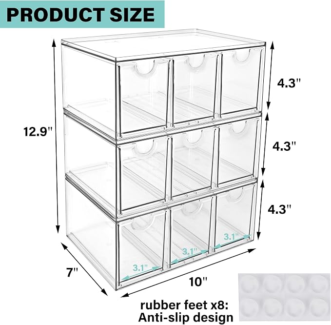 Prsildan Craft Art Supply Organizer Stackable Storage Drawer with 9 Drawers | Clear Acrylic, Tea Bag K Cup Organizer, for Kitchen Office Desk Vanity Makeup Organizer, 3 Pack - Image 3
