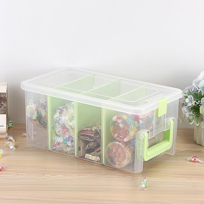 BTSKY Clear Plastic Dividing Storage Box with 4 Deep Compartment Sewing Box | 13.9x7.9x6.2 Inches Adjustable Storage Bin with Lid Portable Craft Container Multipurpose Art Supply Organizer Green - Image 6