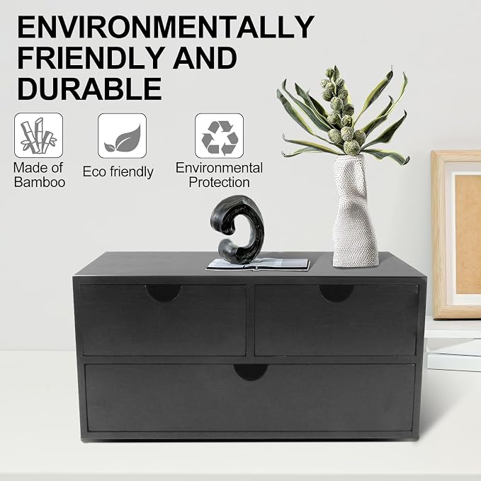 Charmewooden Bamboo Desk Organizer with 3 Drawers, Countertop Organizer with Drawers Makeup Storage Drawer 3 Drawer Tabletop Storage Organization Box Home Office Workspace（Black） - Image 5