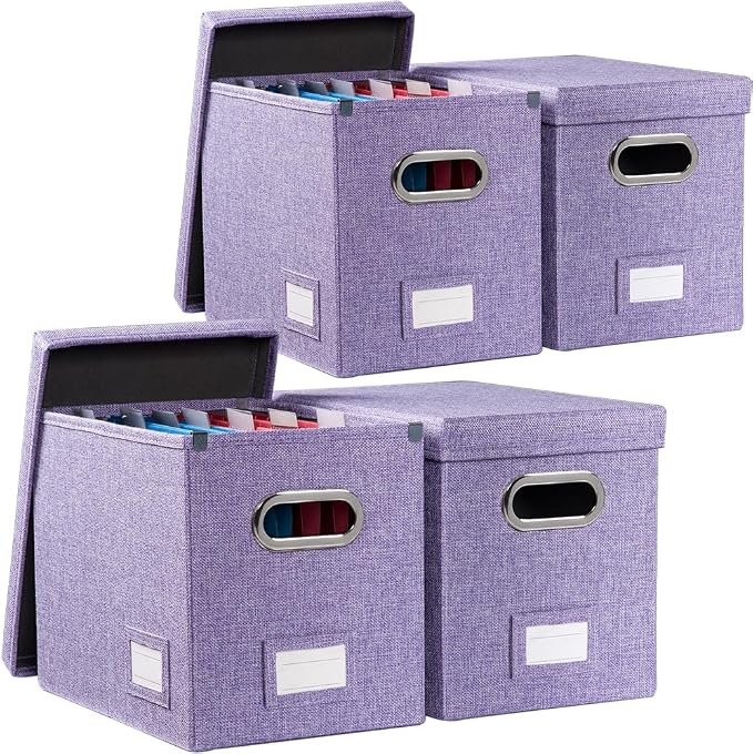 File Organizer Box - Set of 4 Collapsible Decorative Linen Filing Storage Hanging File Folders with Lids Office Cabinet Letter Size Purple (14x9.3x10.8 inch) by Prandom