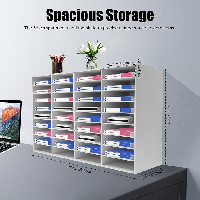 Literature Organizer 36 Slots Desk File Literature Sorter Mailbox Sorter Paper and Mail Organizer Desktop Paper Storage Holder for Home, Office and Classroom (39.4 * 11.8 * 24in, White) - Image 2