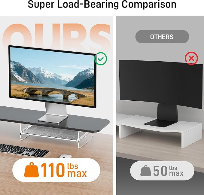 AFOOYO Large Dual Monitor Stand For Desk,43 Inch Desktop Computer Riser with Felt Drawer Acrylic Legs Desk Shelf Organizer For Computer/Laptop/PC/Printer/TV - Image 7
