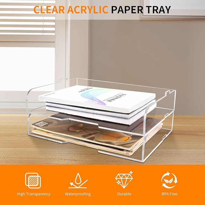 2 Pack- Stackable Paper Letter Tray,Clear Acrylic Magazine Holder and File Organizer - Sleek Desk Organizer for Home Office, Bookshelf, or Workspace - Space-Saving Transparent Document Holder - Image 2