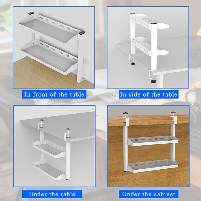 Clamp on Desk Shelf White, 2-Tier Office Desk Shelves Organizer, 17in Small Shelf for Top of Desk with Headphone Holder, Hooks, Desktop Storage Rack for Home Workspace, Study Rooms, Gaming Accessories - Image 9