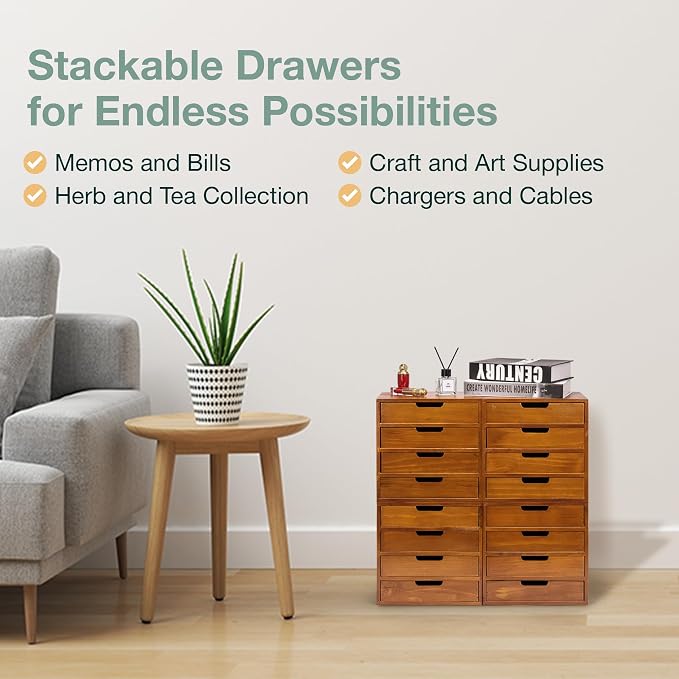 Stackable Modular 4-Pack 16 Drawer Desktop Storage Organizer in Modern Wood Design (20”x7”x 20”) Stackable Drawers For School Office - Crystals, Scrapbook Organization - Declutter Countertop - Image 6
