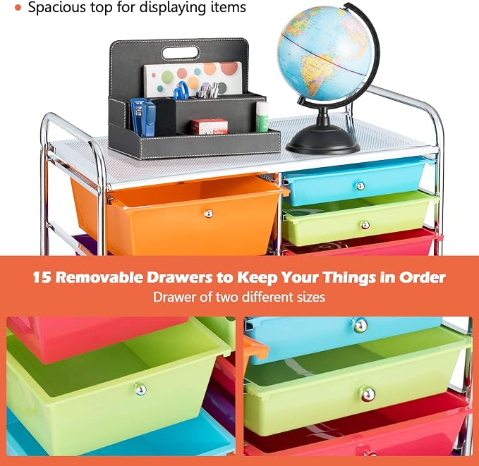 Moccha 15-Drawer Rolling Storage Cart - Under Desk Storage Drawers with wheels for Craft Art Supply Paper Salon, Scrapbook Paper Tools, Mobile Utility Cart for Classroom (15 Drawers, Multicolor) - Image 4