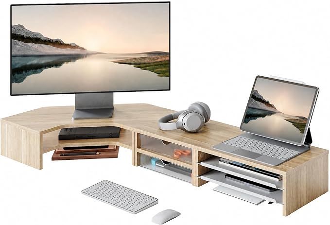 Fenge Dual Monitor Stand, Corner Desk Shelf with Drawer & Slide-Out Tray | Modular Design for Flexible Layouts, 2-Tier Storage Desktop Organizer for Computer, Laptop, Printer and Telephone by Fenge