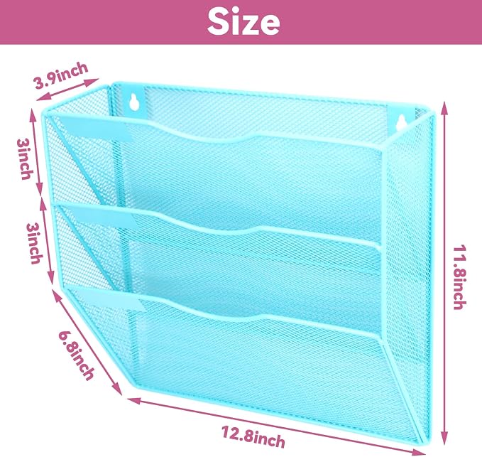 3 Pockets Mesh Wall File Holder Organizer Office Hanging File Folder Magazine Rack, Nametag Label Hooks Set Included (Blue) - Image 2