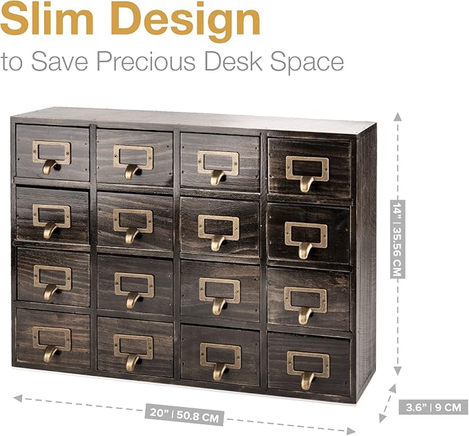 Dark Ash 16-Drawer Card Catalog Artisan Drawer Chest - 20"x3.6"x14" - Desktop Apothecary Crafted in Solid Wood, Curating Timeless Order - A 4-Tiered Storage with Label Holders & Handles for Your Table - Image 2