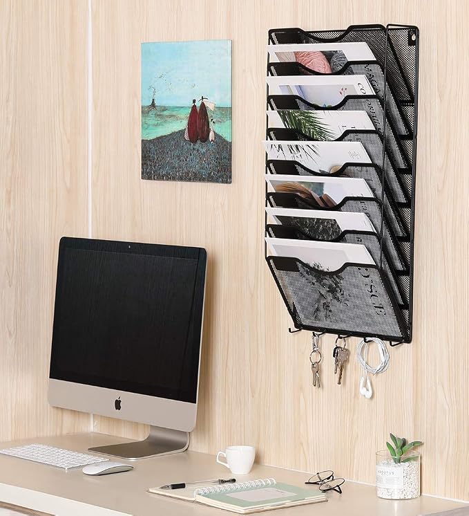 EasyPAG 8 Pocket Mesh Wall File Organizer with Key Hooks, Hanging Paper Folder Holder with Classify Label, Vertical Wall Mount Mail Organizer for Office Home Classroom, Black - Image 5