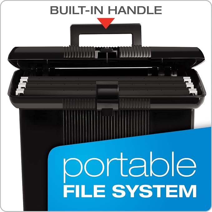 Pendaflex Portable File Box with File Rails, Hinged Lid with Double Latch Closure, Black, 3 Black Letter Size Hanging Folders Included (41732AMZ) - Image 2