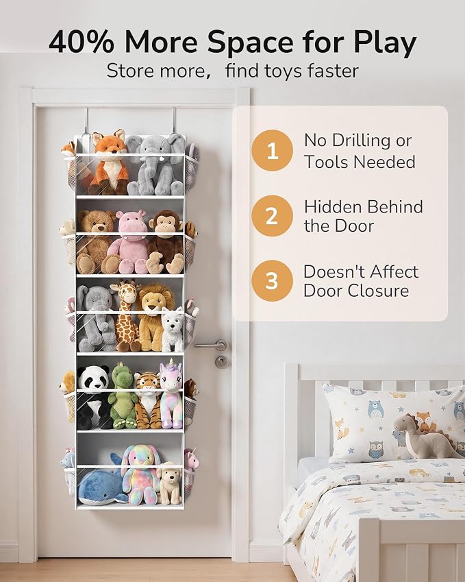 ULG Stuffed Animal Organizer Over the Door, Large Hanging Plush Toy Storage with Mesh Window, Cotton Kids Toy Organizer for Bedroom, Nursery, Playroom & Baby Items Clear Grey - Image 5