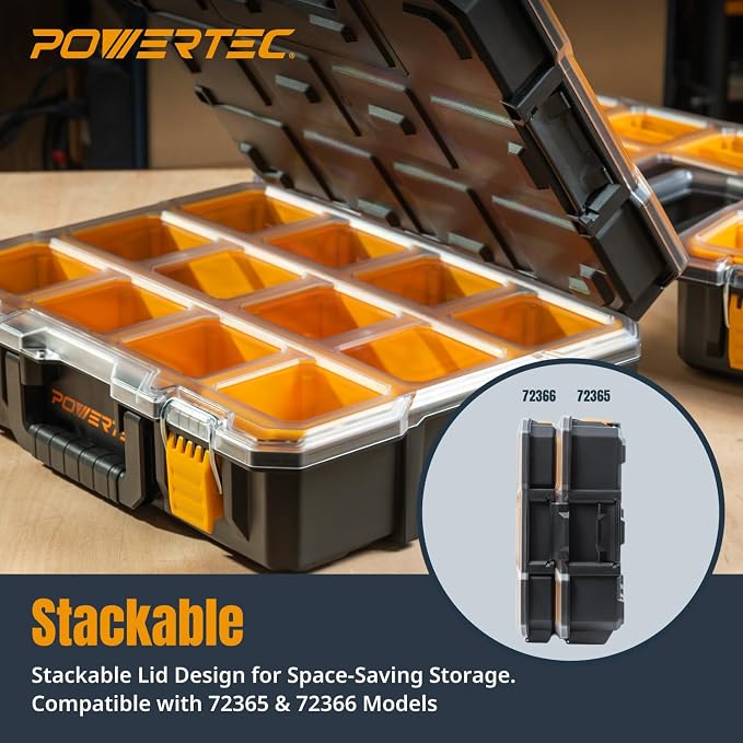 POWERTEC Small Parts Organizer & Tool Box – 20 Compartments, IP65 Water & Dust Protection, Stackable Storage with Interlocking Latch, Removable Bin, Divider, Clear Lid, Portable Design, 2PK (72366-P2) - Image 4