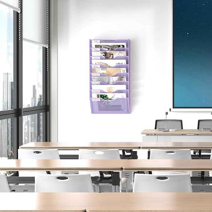 EasyPAG 8 Pocket Mesh Wall File Organizer, Hanging Paper Folder Holder with Classify Label, Vertical Wall Mount Mail Organizer for Office Home Classroom, Purple - Image 7