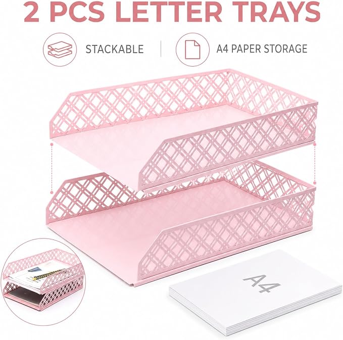 Exerz Letter Trays 2pcs Stackable Paper Sorter/Desk Organiser/File Tray for Desk - Wire Mesh Metal File Rack - Office, School, Home Study (Light Pink) - Image 4