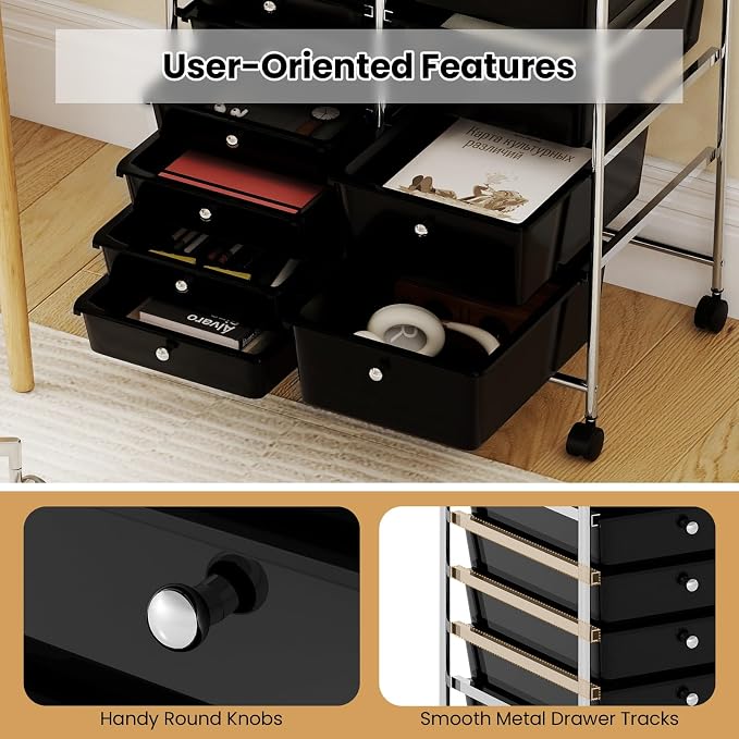 Giantex 15 Drawer Rolling Cart with Drawers, Storage Organizer Cart for Classroom Office School Teacher, Mobile Drawer Cart for Tools, Crafts, Small Printer, Black - Image 9