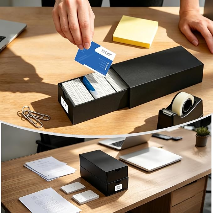 Business Card Storage Box 6 Pack, Stackable Card Organizer with Pull-Out Drawers and 24 Sections, Holds Up to 3000 Cards, Black Corrugated Desktop Filing Boxes with Labels - Image 5