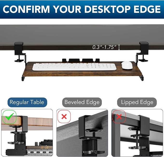 Keyboard Tray Under Desk Pull Out with Extra Sturdy C Clamp Mount System, 27.3 (32.5 inch Including Clamps) x 11 Inch Slide-Out Platform Computer Drawer for Typing Vintage AX01WG02 - Image 8