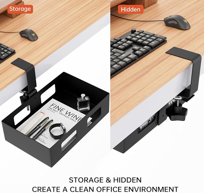 2 Pack Clamp-on Swivel Organizer, Under Desk Hidden Storage Drawer with Cable Hole, Hanging Metal Basket for Extender Space - Image 3