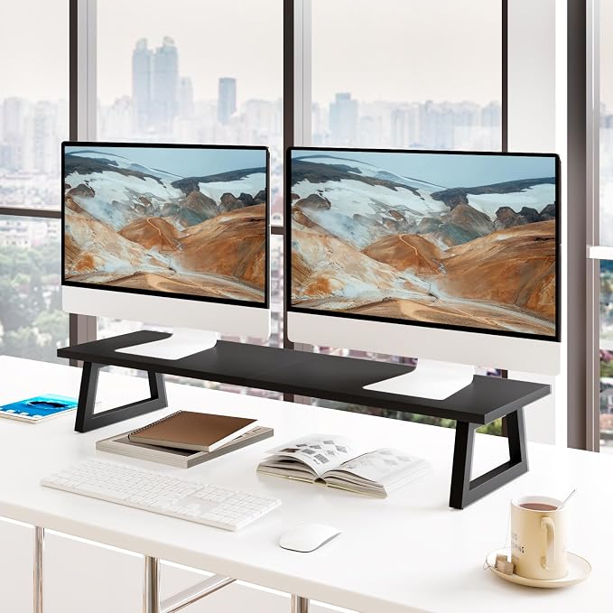 TEAMIX 31.5 inch Dual Monitor Stand Riser, TV Riser, Black Desk Organizer | For 2 Monitors/Laptop/Printer, Long Computer Stand, Wood & Steel, Holds 150 lbs, PS5/Keyboard Storage, For Home Office Gaming - Image 2