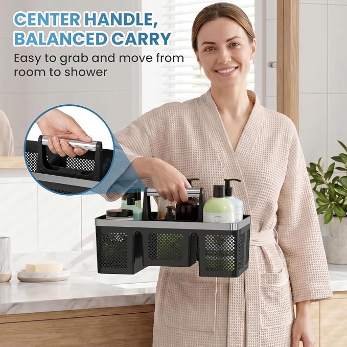BYUNER Plastic Shower Caddy Dorm: Portable Cleaning & Shower Caddy with Handle, 4 Divided Compartments, All-Side Drainage, Rigid Plastic Basket Tote for College Dorm & Bathroom Use, Black/Silver - Image 4